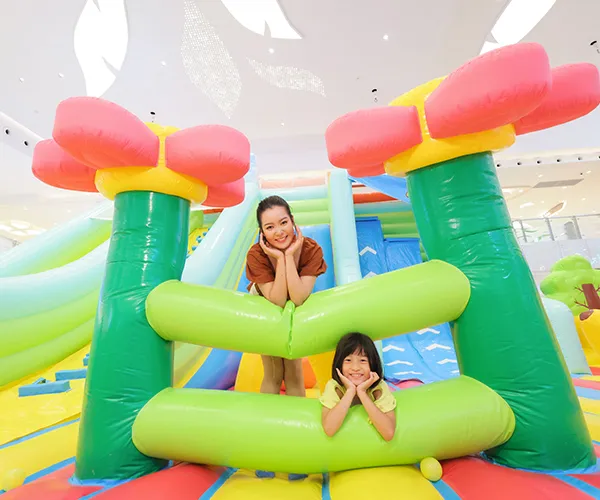 Panoramic view of a vibrant inflatable park