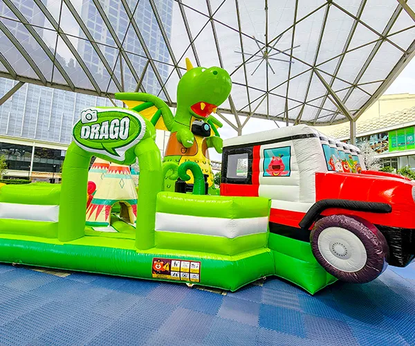 Excited children running through an inflatable tunnel