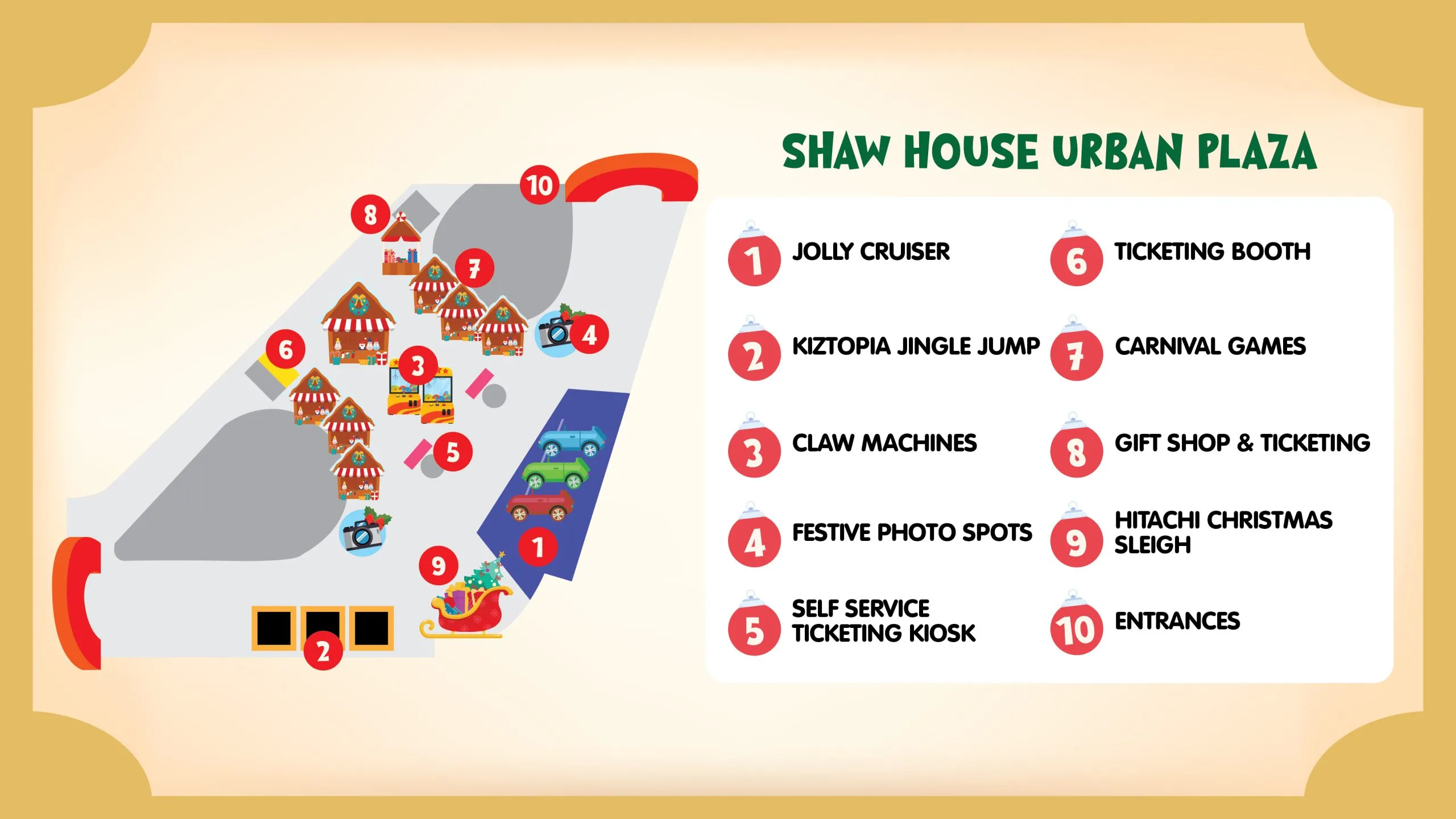 The Great Christmas Village site map showing attractions at Shaw House Urban Plaza